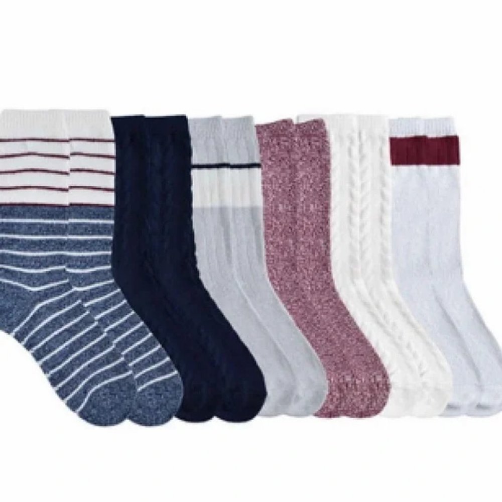 NWT 6 Pair Lucky Brand Ladies' Super Soft Boot Sock:  Blue, Red, Grey & Cream